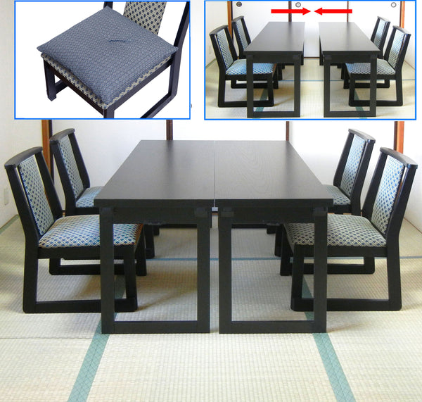 NEW和室用テーブル６点セット　 テーブル(幅150x奥行45x高さ60cmの折り畳み式)X2台　和室用椅子格子柄X4脚 (専用座布団４枚付き)